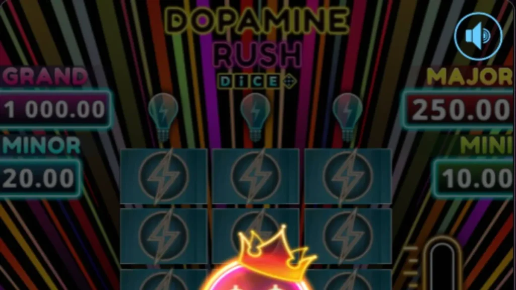 Tampilan visual neon yang memukau dari slot Dopamine Rush Dice dengan elemen arcade.