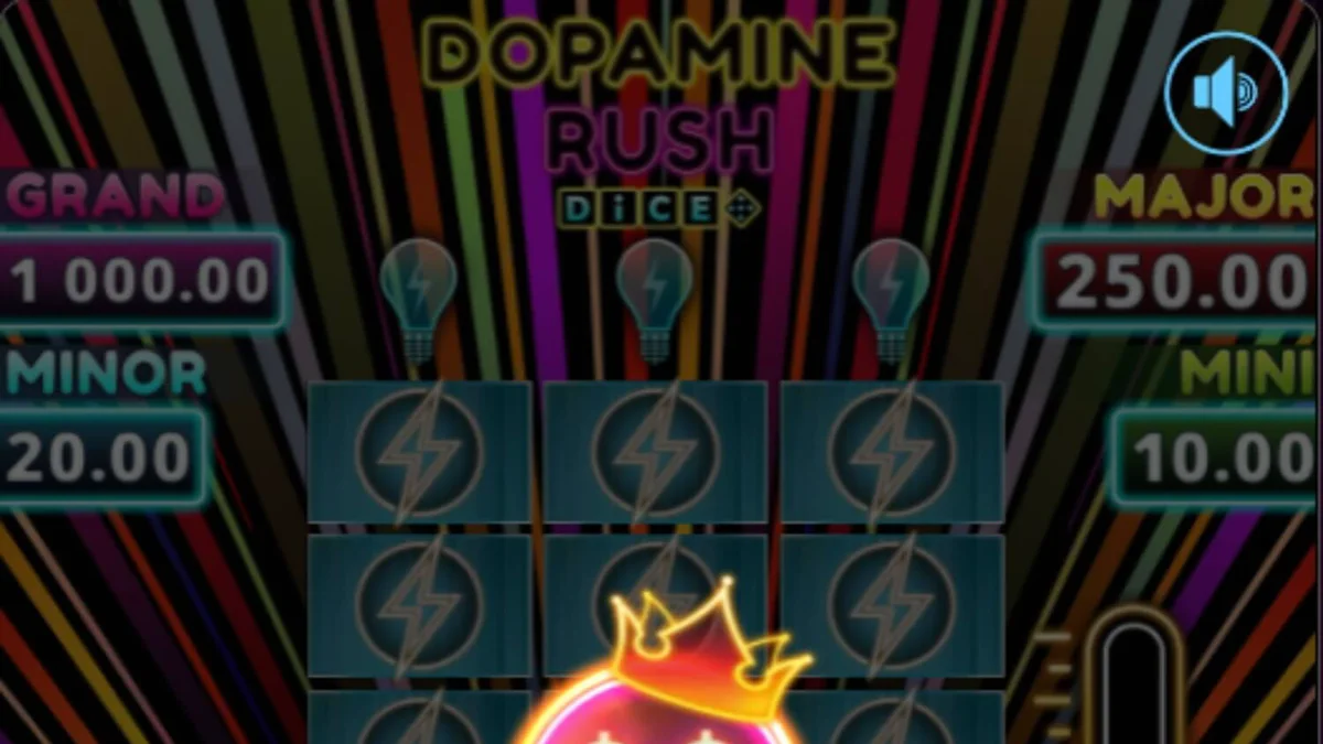 Tampilan visual neon yang memukau dari slot Dopamine Rush Dice dengan elemen arcade.